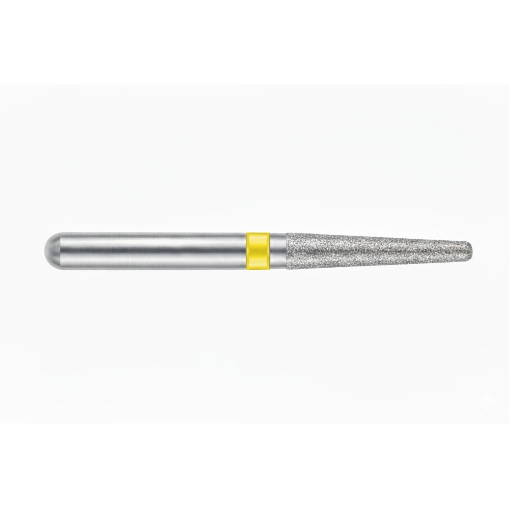 Fraise dentaire FG 848 diamantée flamme bout plat, bague jaune grain super fin, polissage de précision.