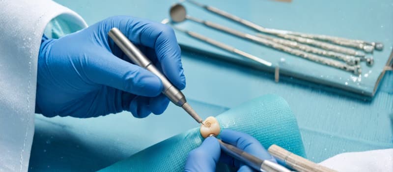 Utilisation d'une fraise diamantée conique pour la préparation précise d'une couronne dentaire en zircone, illustrant la réduction occlusale calibrée au cabinet dentaire.